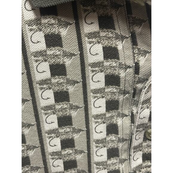 Columbia Men Polo Shirt XL Fishing Tackle Bait Allover Print Collar Grey White - Picture 2 of 11